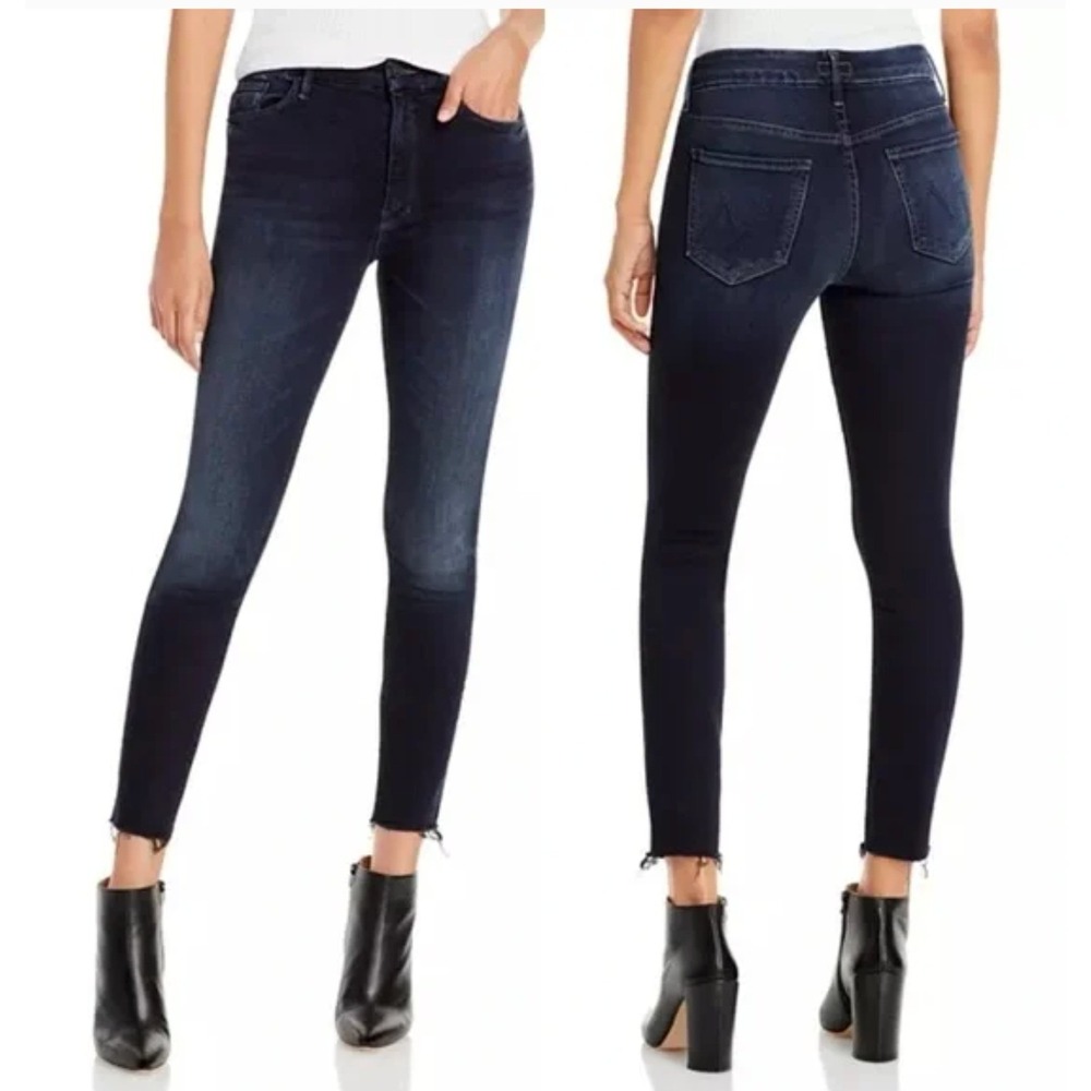MOTHER Denim Jean 25 Desc High Waisted Looker Ankle Fray Raw Last Call Dark Wash